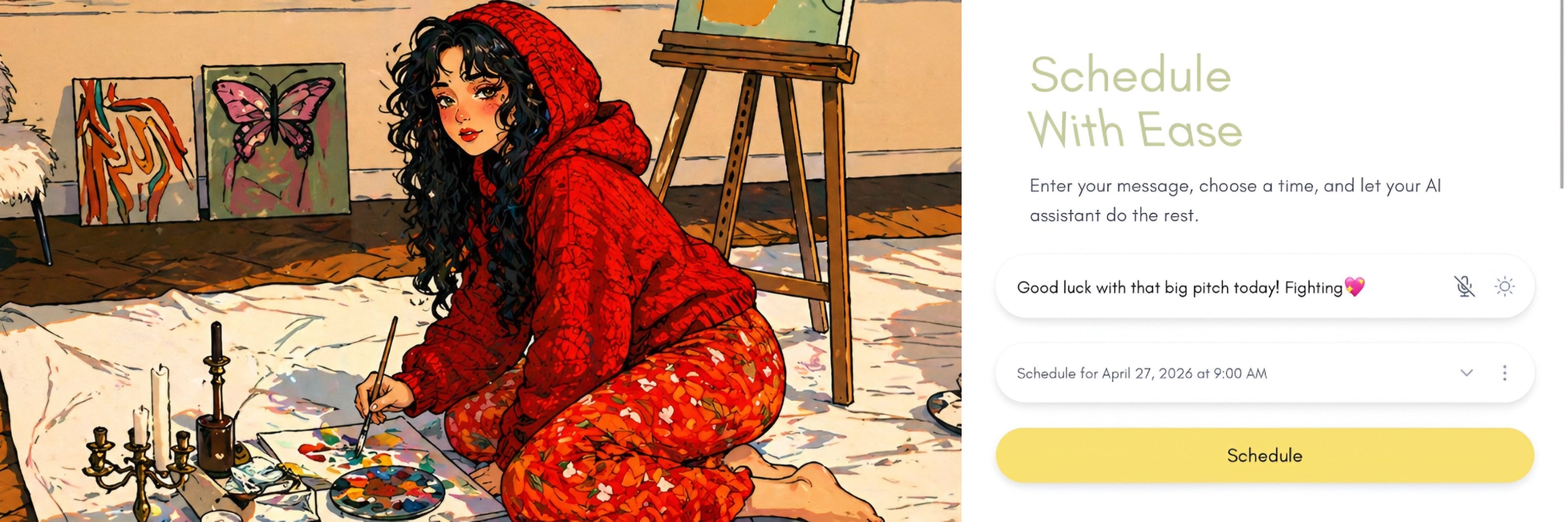 An aesthetic illustration of a creative girl painting in a sunlit studio alongside a clean digital interface for scheduling supportive Whatsapp and SMS messages.