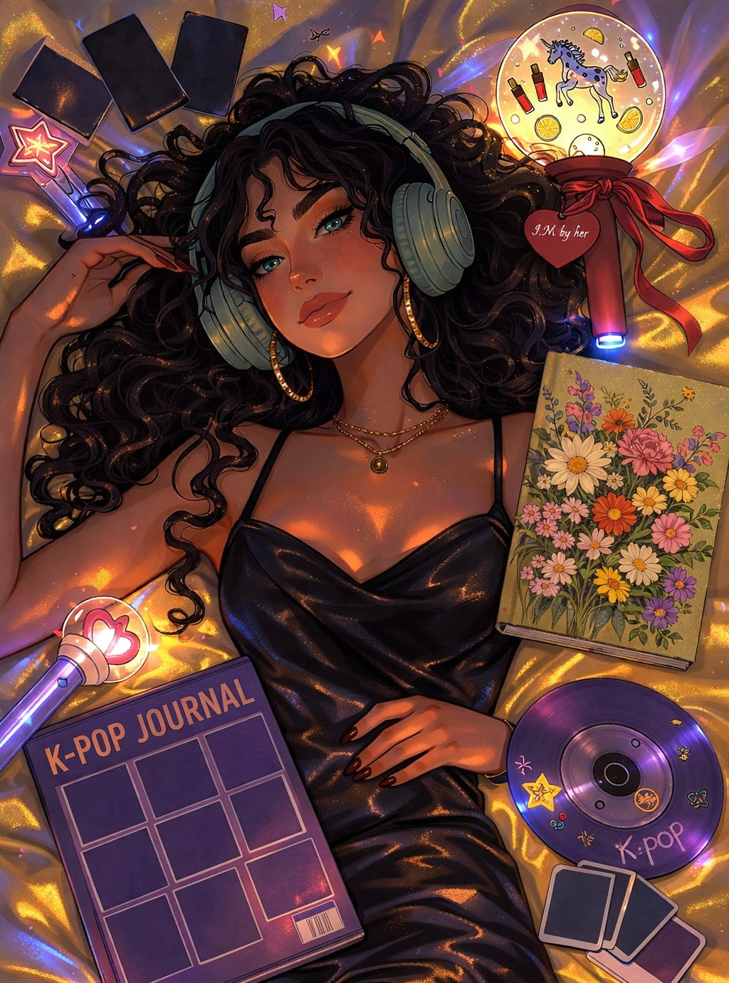 Illustrated k-pop fan lying down with headphones, lighstick, journal and concert memorabilia, symbolizing first concert excitement and emotional connection to k-pop music 