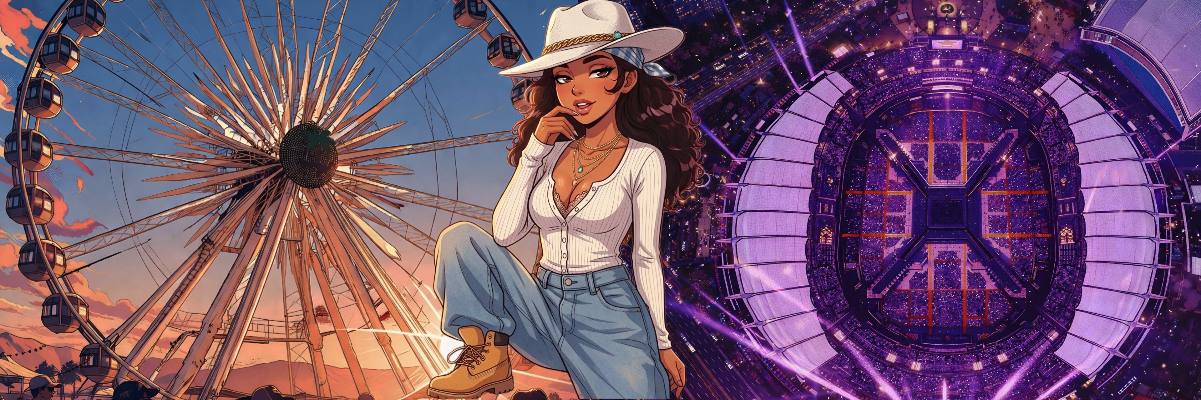 Coachella desert festival vs BTS concert purple ocean illustration showing contrast between music festival culture and K-pop fandom experience