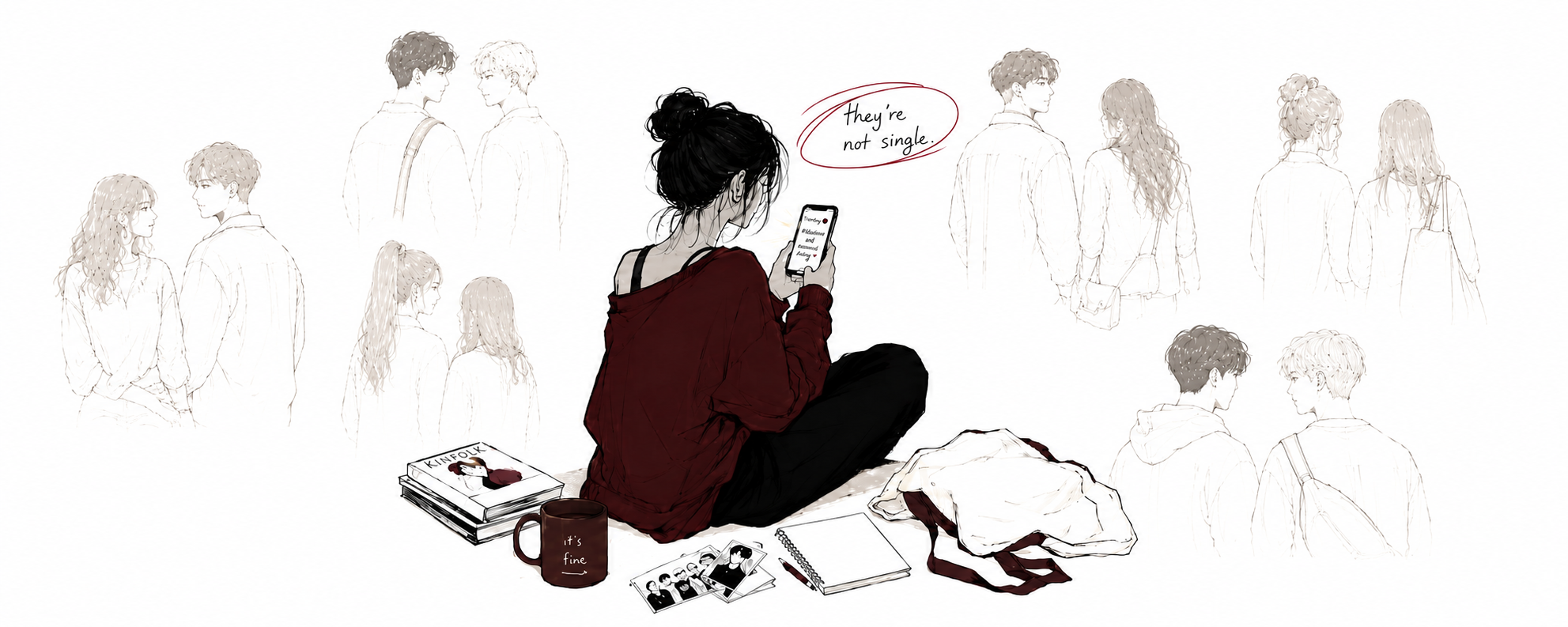 Illustrated girl sitting on the floor looking at her phone, surrounded by soft sketches of couples and the text “they’re not single.”