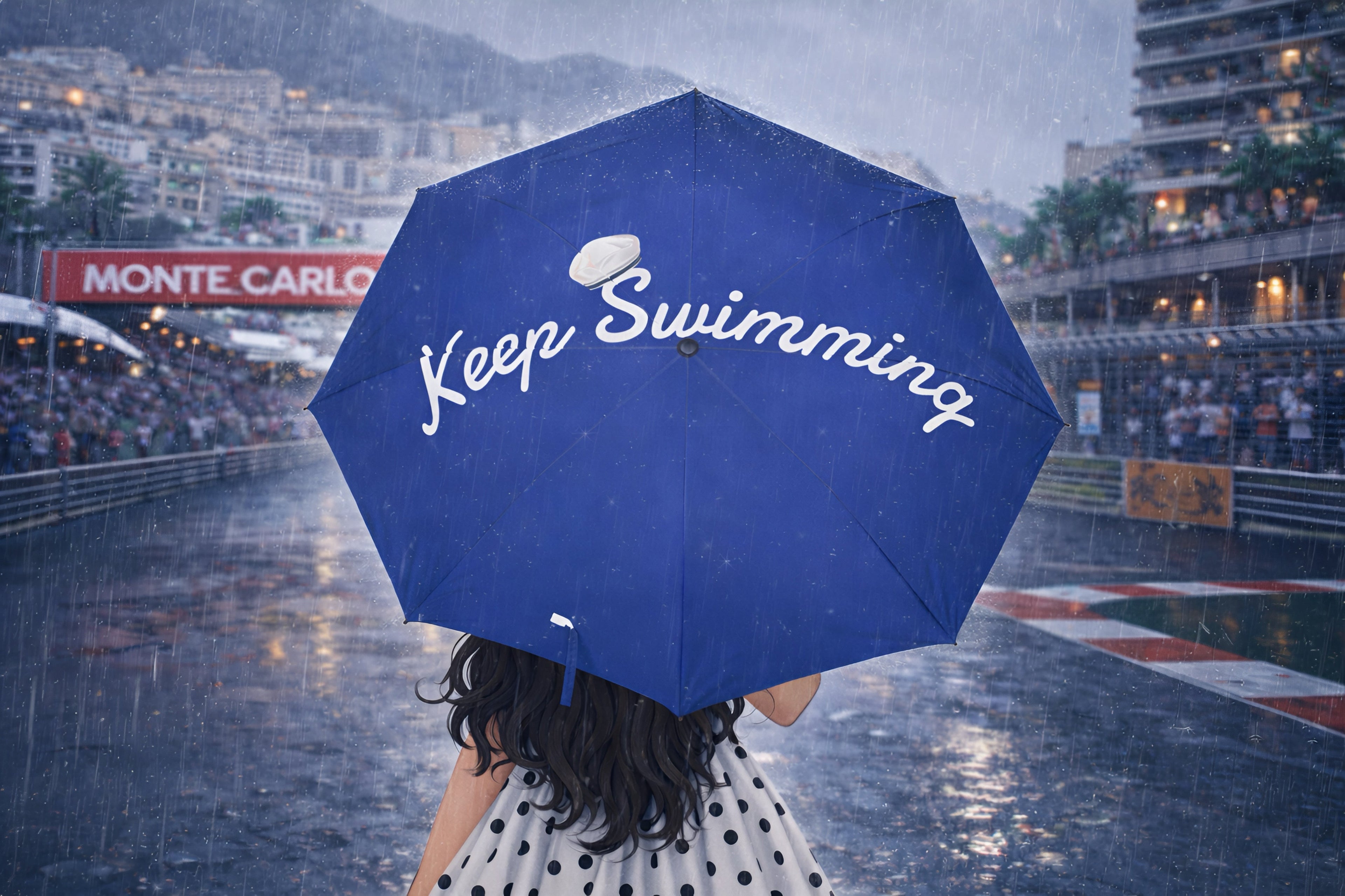 Woman standing in the rain at the Monaco Grand Prix Monte Carlo track holding a royal blue "Keep Swimming" umbrella, aesthetic fusion of Formula 1 and K-pop fandom lifestyle.