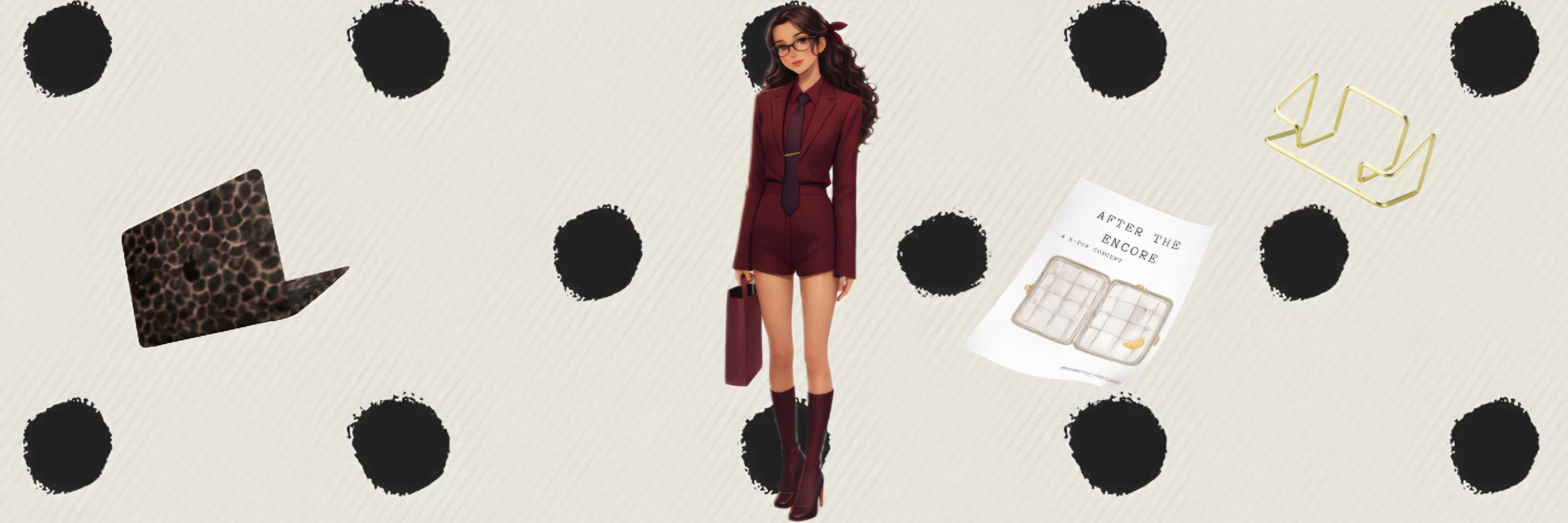 Minimal aesthetic workspace with a burgundy-dressed girl, laptop, printable concert checklist, and gold photocard holder on a polka dot background