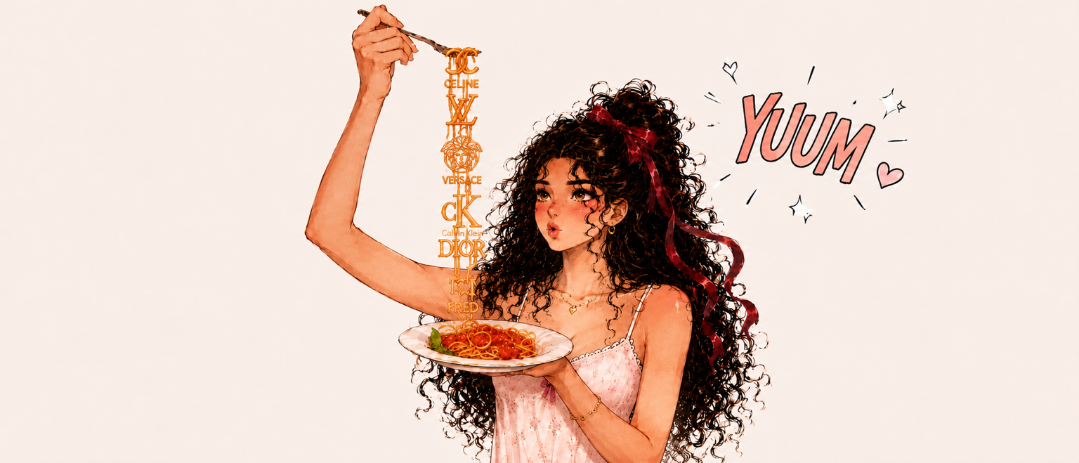 I.M, the original illustrated character of I.M by her, enjoying a plate of luxury fashion brands like pasta in a playful illustration celebrating K-pop idol fashion ambassadorships.