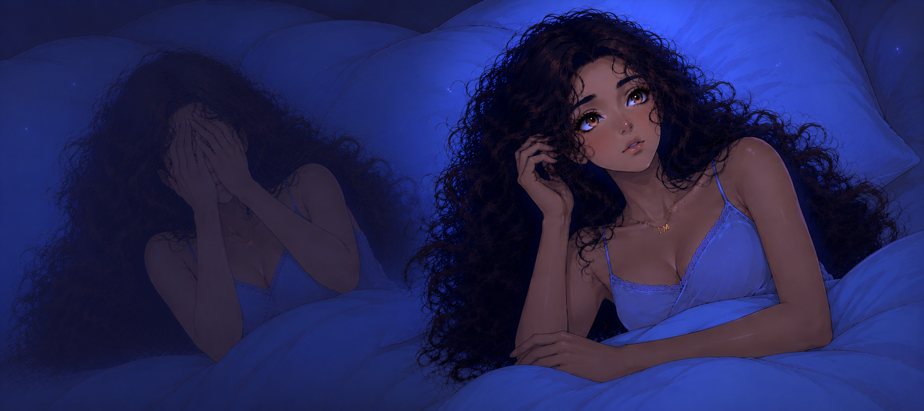 Illustration of I.M lying awake in bed at night, transitioning from tears to quiet reflection beneath soft blue moonlight.
