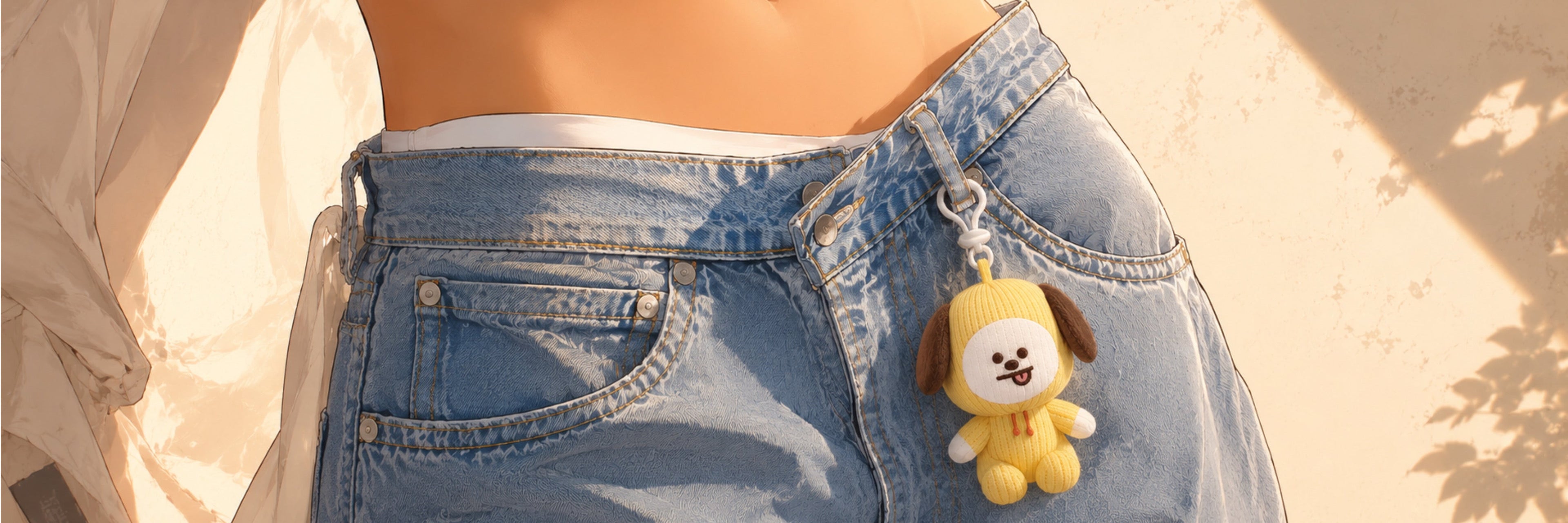 Close-up of a BT21 Chimmy mascot keychain attached to blue jeans, symbolizing K-pop fan culture in the diary series "So... You're Dating a K-pop Fan."