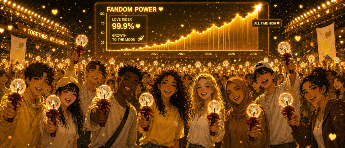 Illustrated crowd of fans holding lightsticks at a concert, with a rising Fandom Power growth chart showing love index climbing to an all time high